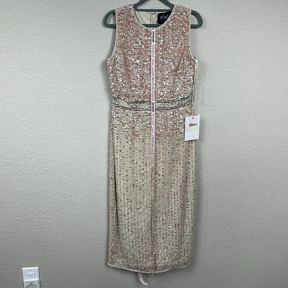 NWT Mac Duggal Nude Sequin Beaded Lace Midi Dress Sleeveless Prom Wedding Sz 8 - Picture 3 of 12